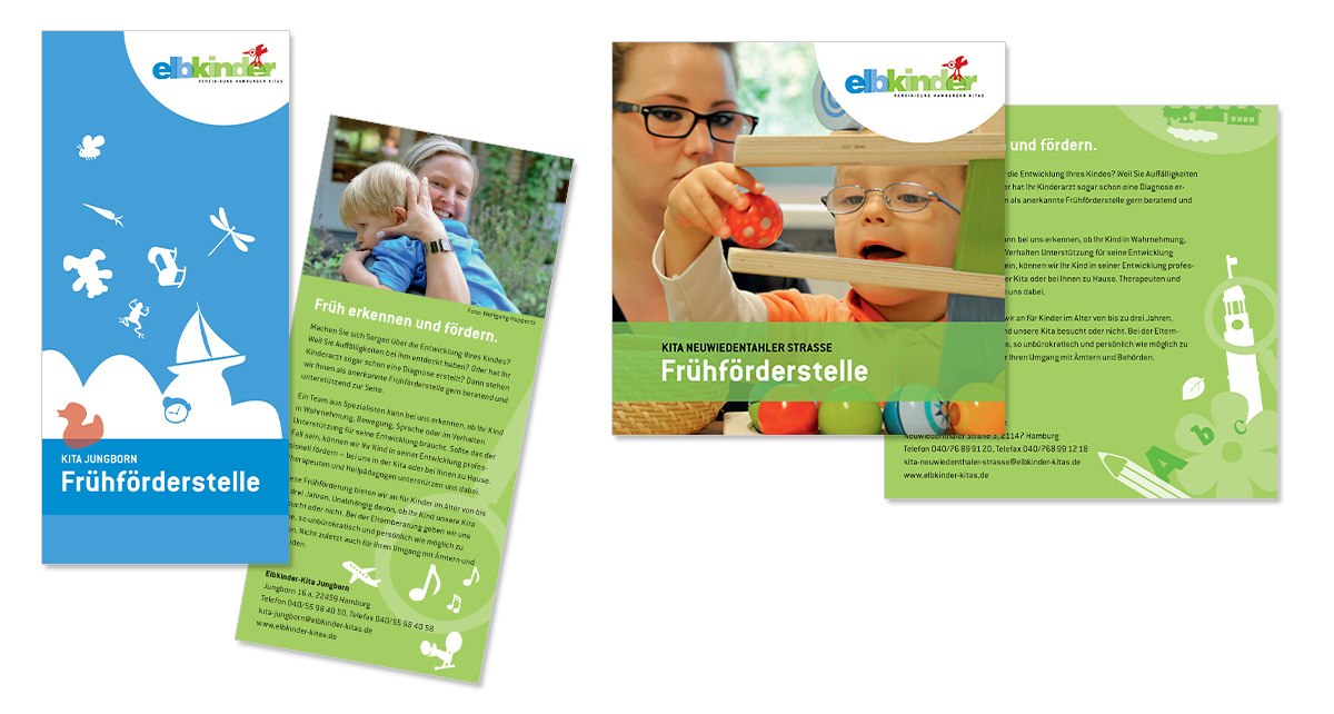 Layout und Textproduktion für diverse Kitas der Elbkinder Vereinigung, entworfen von Doris Peiter