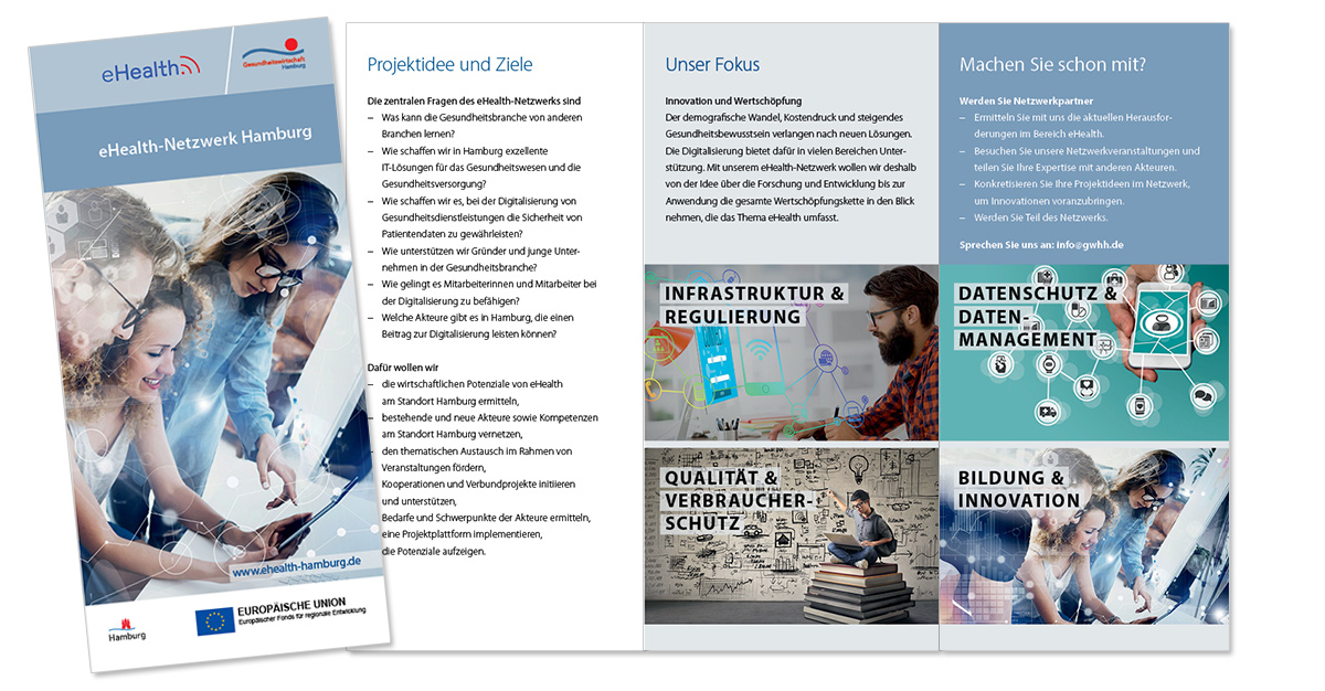 Flyerdesign, Layout für das E-Health Netzwerk, entworfen von Doris Peiter