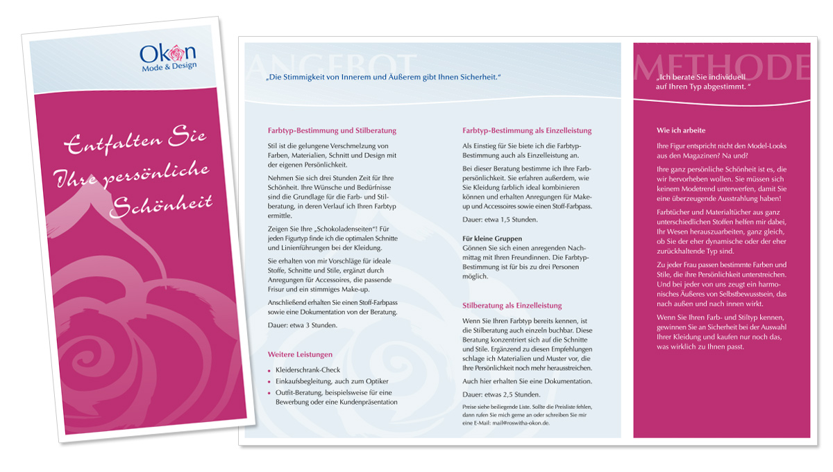 Flyerdesign, Faltblatt, Broschüre für Roswitha Okon Mode&Design von Doris Peiter