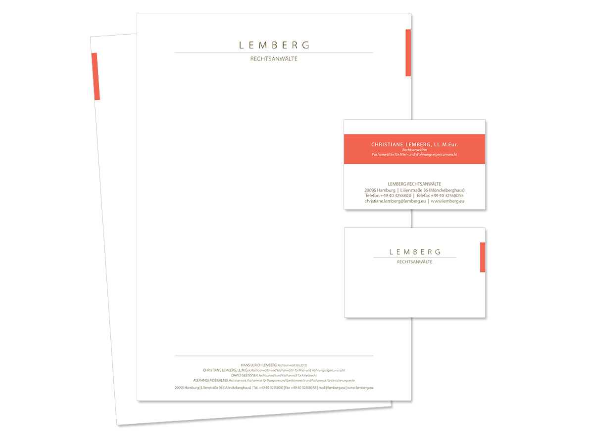 Geschäftsaustattung, Visitenkarte und Unternehmensdesign für Lemberg Rechtsanwälte von Doris Peiter