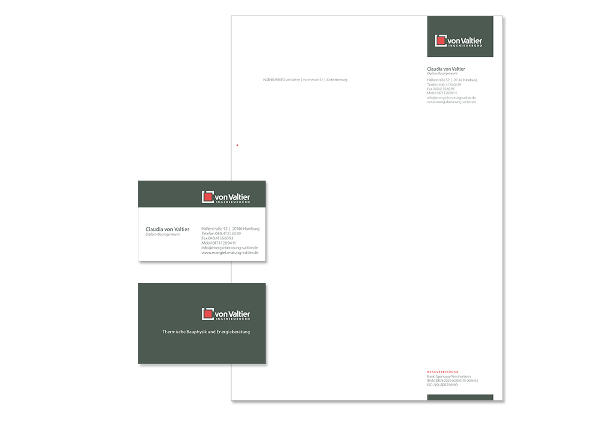 Geschäftsaustattung, Briefpapier und Unternehmensdesign für das Ingeneursbüro von Valtier von Doris Peiter