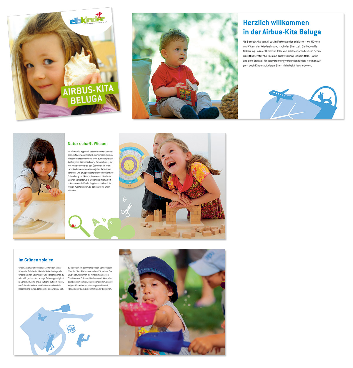 Flyerdesign, Layout für Kita Airbus Beluga der Elbkinder Vereinigung, entworfen von Doris Peiter