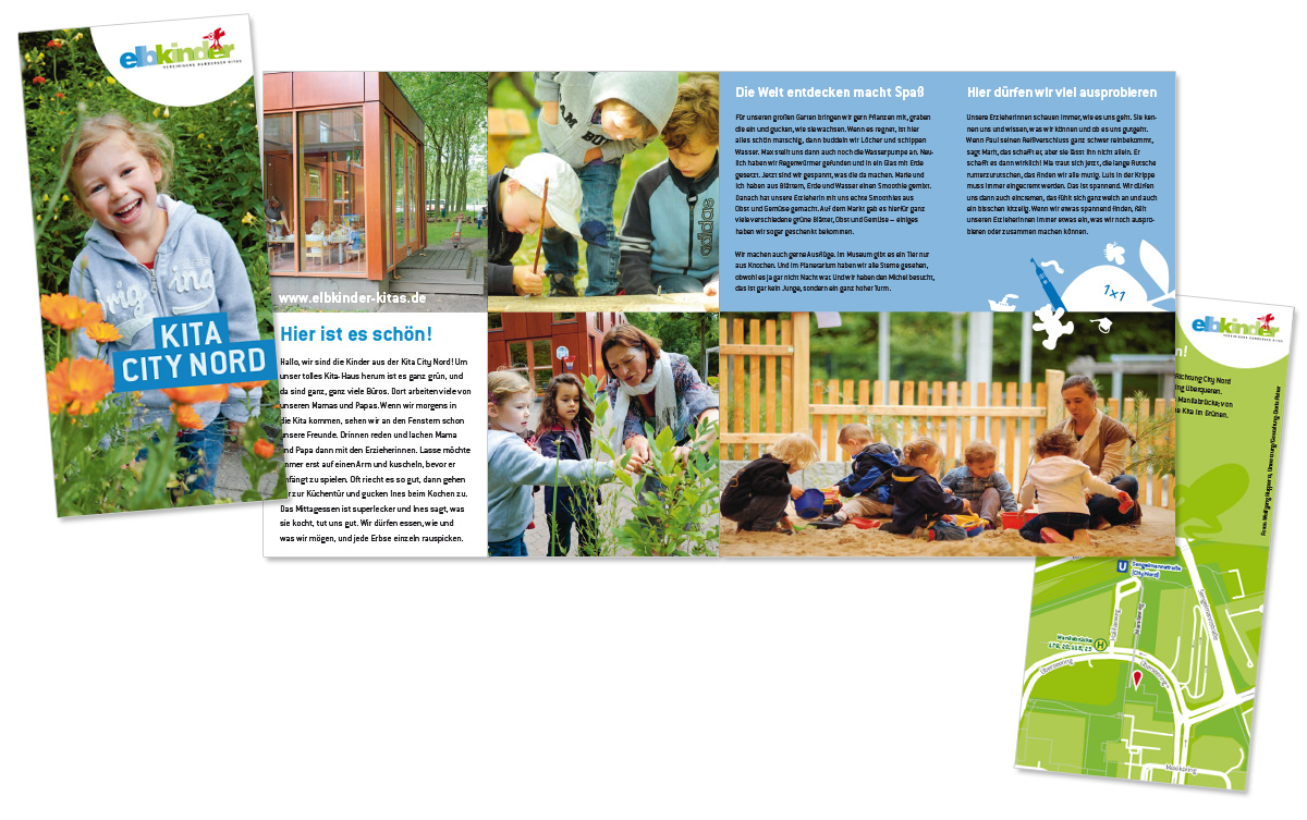 Flyerdesign, Layout für Kita City Nord der Elbkinder Vereinigung, entworfen von Doris Peiter