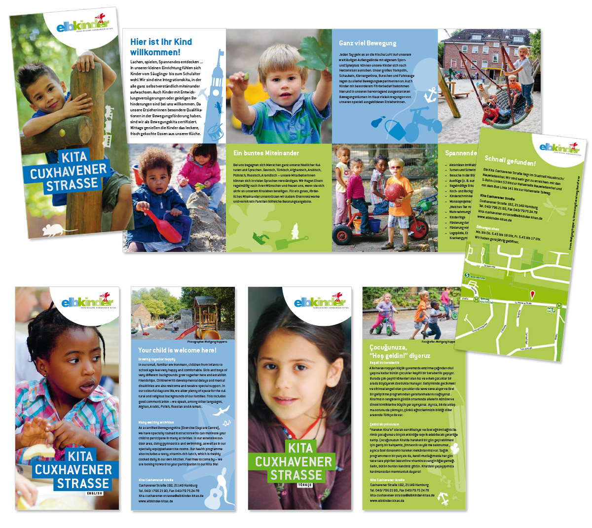Flyerdesign, Layout und Foto- und Textproduktion für Kita Cuxhavener Straße der Elbkinder Vereinigung, entworfen von Doris Peiter
