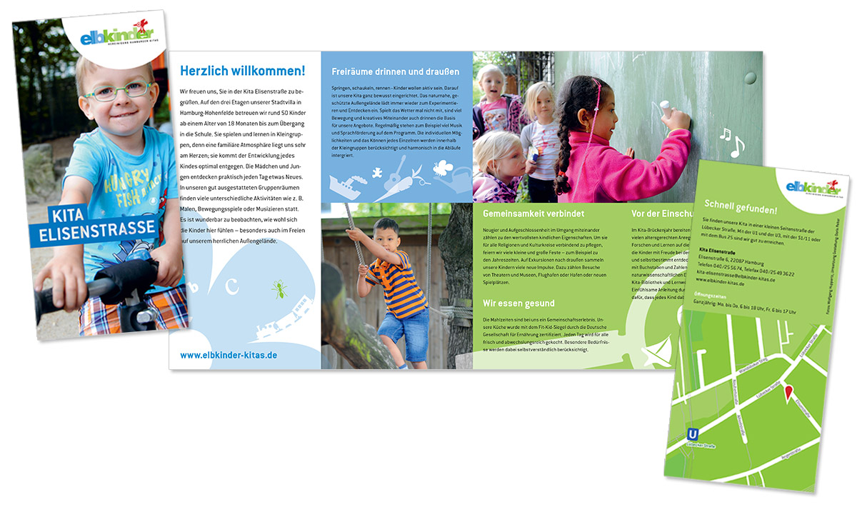 Flyerdesign, Layout und Foto- und Textproduktion für diverse Kitas der Elbkinder Vereinigung, entworfen von Doris Peiter