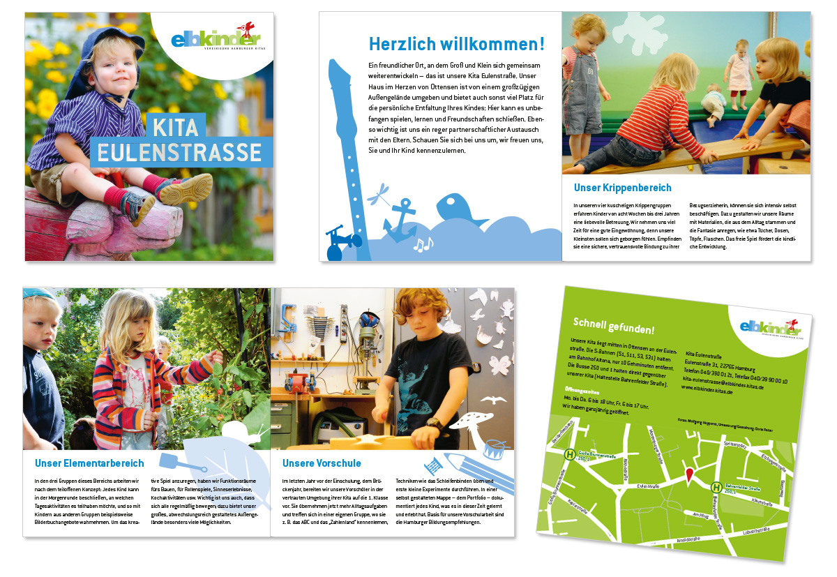 Flyerdesign, Layout für Kita Eulenstraße der Elbkinder Vereinigung, entworfen von Doris Peiter