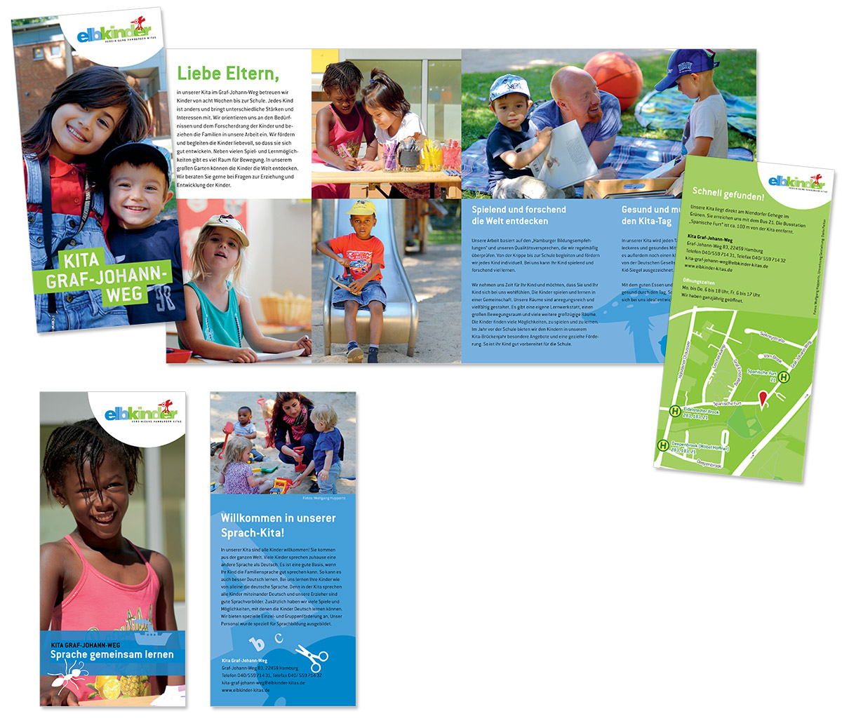Flyerdesign, Layout und Foto- und Textproduktion für diverse Kitas der Elbkinder Vereinigung, entworfen von Doris Peiter