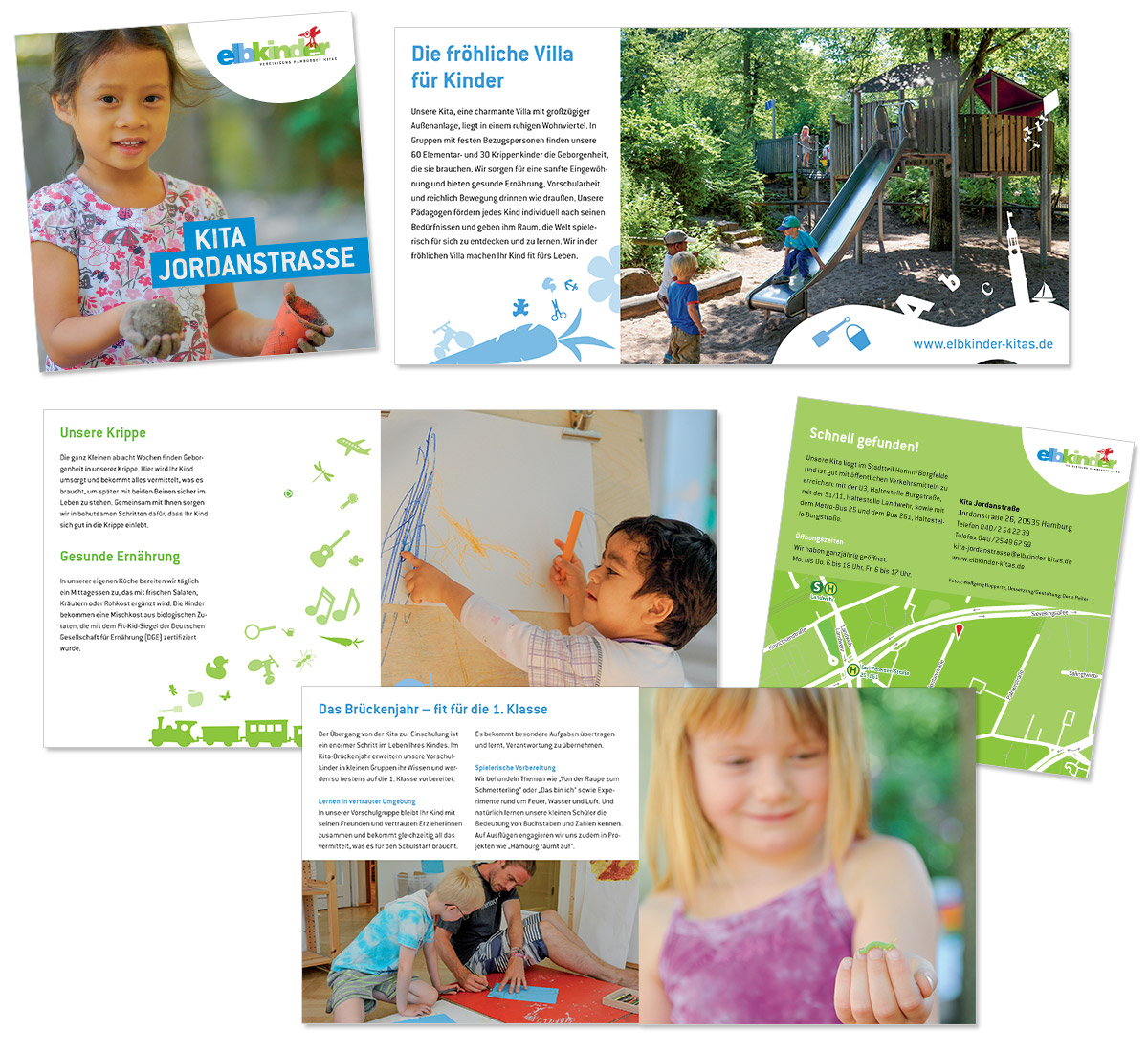 Layout und Foto- und Textproduktion für diverse Kitas der Elbkinder Vereinigung, entworfen von Doris Peiter
