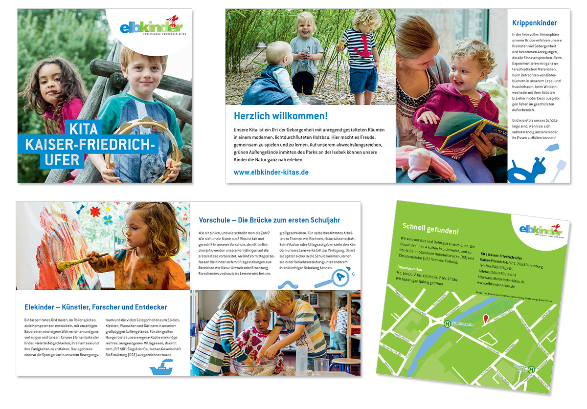 Layout und Foto- und Textproduktion für diverse Kitas der Elbkinder Vereinigung, entworfen von Doris Peiter