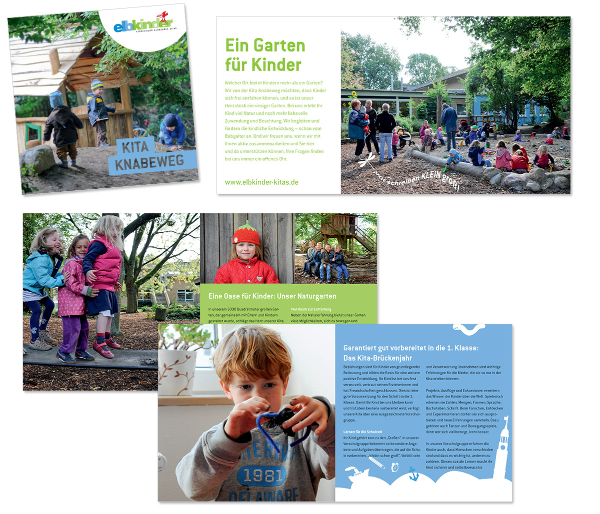 Layout und Foto- und Textproduktion für diverse Kitas der Elbkinder Vereinigung, entworfen von Doris Peiter