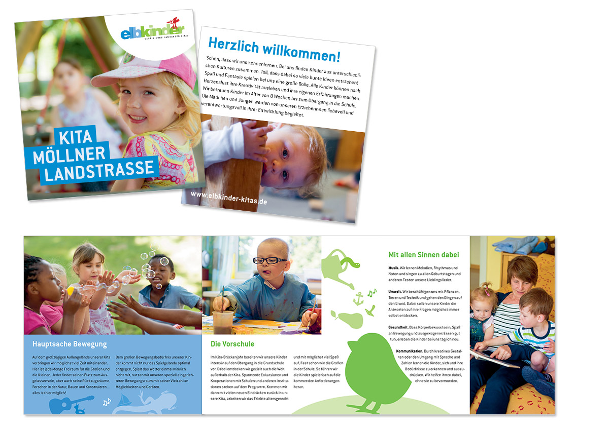 Layout und Foto- und Textproduktion für diverse Kitas der Elbkinder Vereinigung, entworfen von Doris Peiter