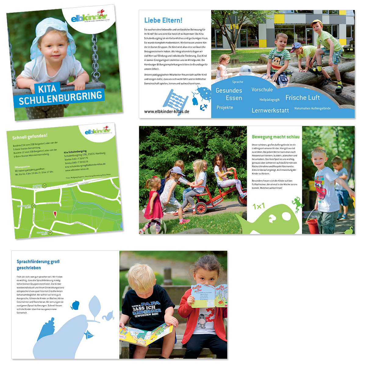 Layout und Foto- und Textproduktion für diverse Kitas der Elbkinder Vereinigung, entworfen von Doris Peiter